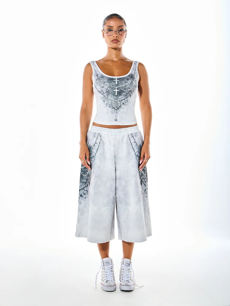 SUMWON WOMEN Graphic Cross Chain Necklace Print Scoop Neck Sleeveless Crop Tank Top Y2K Grunge Summer Festival Style
