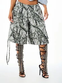 SUMWON WOMEN Oversized Cargo Bermuda Shorts With Camo Tree Branch Print Elastic Drawstring Waist Summer Festival Style - Multicolor - View 1