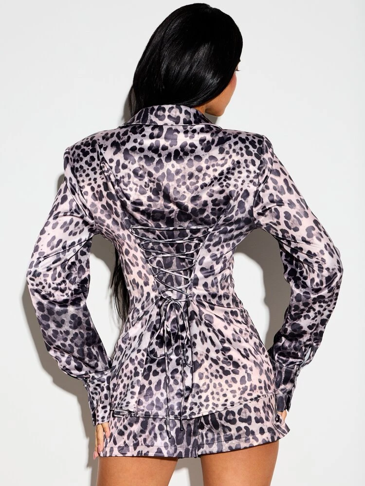 Satin Leopard Print Shirt With Shoulder Pads