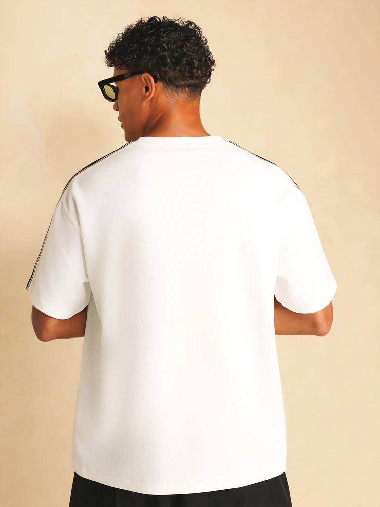 Grosgrain Tape Stripe Crew Neck Short Sleeve Oversized White T-Shirt With Embroidered Logo Detail