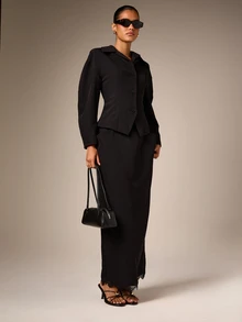 AiiRZ Barrel Sleeve Short Blazer Single Breasted Button Closure Fitted Waist Tailored Jacket Office Fall Winter - Black - View 2