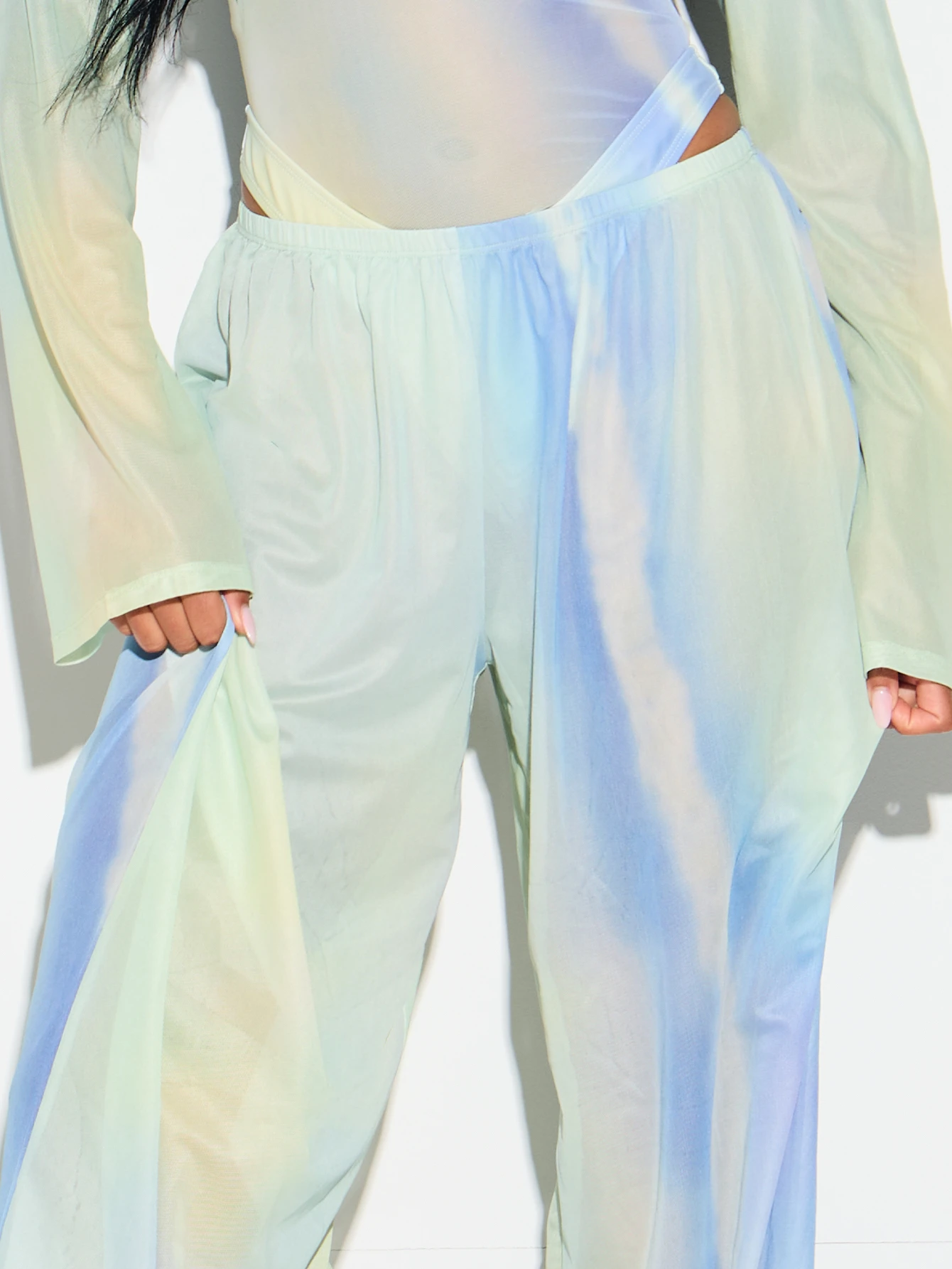 Watercolor Print Wide Leg Mesh Trousers