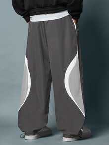 SUMWON Nylon Parachute Wide Leg Track Pants With Color Block Side Panel Stripe Detail And Drawstring Hem - Dark Grey - View 4