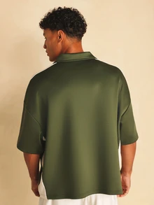 SUMWON Half Zip Polo Shirt With Color Block Design Short Sleeves Spread Collar And Embroidered Logo - Green - View 2