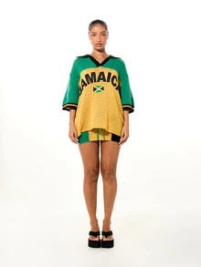 SUMWON Plus Size Jamaica Flag Crochet Knit Oversized V-Neck Pullover Top With Color Block Design And Stripe Cuff Detail - Multicolor - View 3