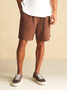 SUMWON Slim Pull-On Linen Shorts With Drawstring Waist, Relaxed Fit, Summer Casual Everyday Wear - Coffee Brown - View 1