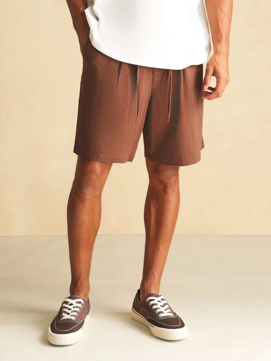 SUMWON Slim Pull-On Linen Shorts With Drawstring Waist, Relaxed Fit, Summer Casual Everyday Wear - Coffee Brown - View 1