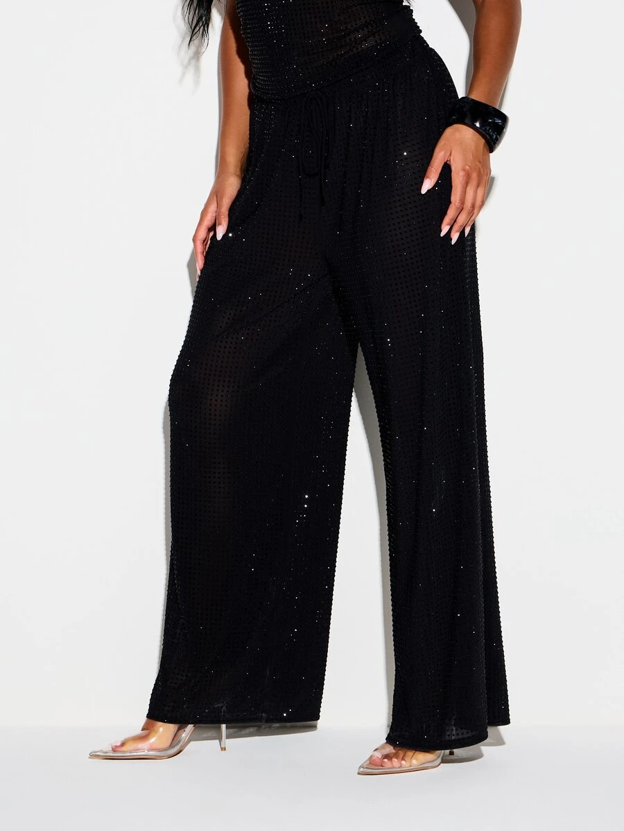 KIZN Pantalón de malla de pierna ancha con adornos de strass y cintura alta con cordón para fiestas y salidas nocturnas - Negro - Ver 1