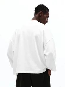 SUMWON Plus Size Oversized Crew Neck T-Shirt With Black Contrast Piping Detail And Dropped Shoulder Three-Quarter Sleeves - White - View 2