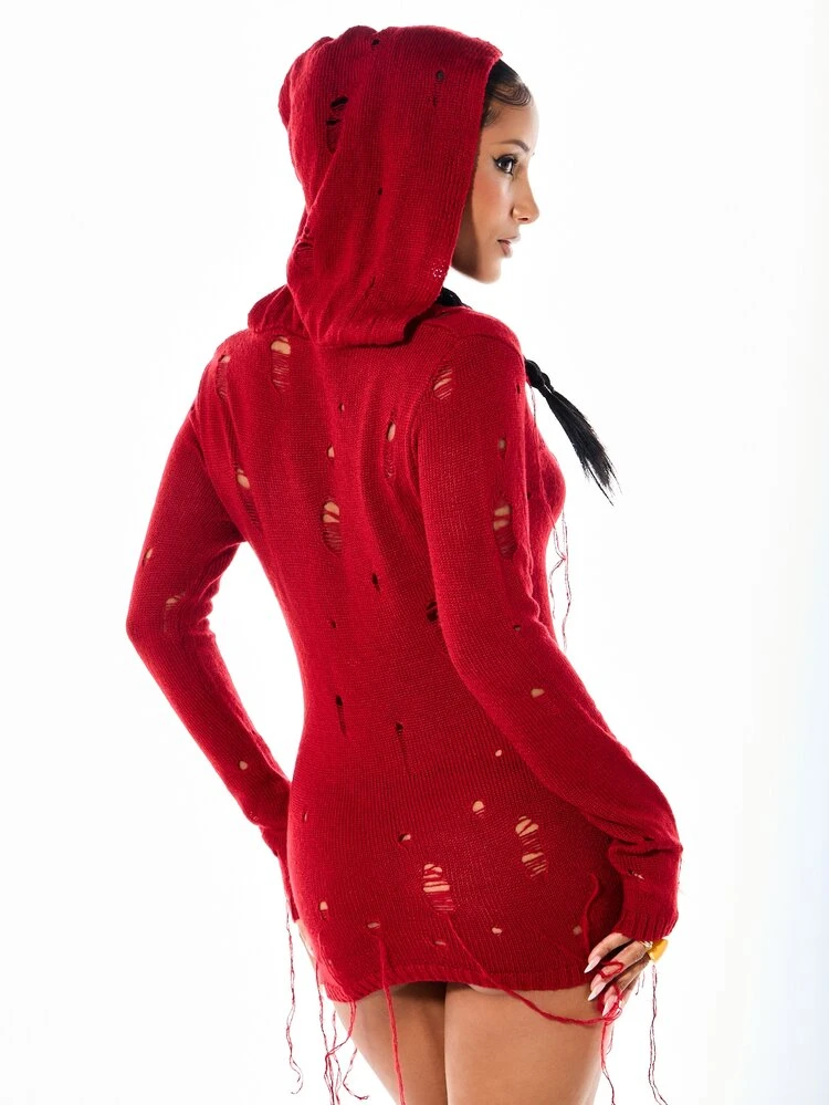 SUMWON WOMEN Distressed Laddered Knit Hooded Mini Sweater Dress With Long Sleeves And Cowl Neck Fall Winter