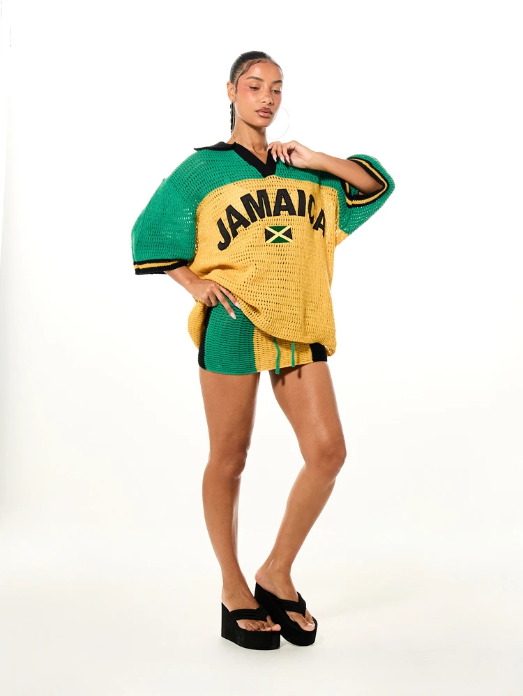 Plus Size Jamaica Flag Crochet Knit Oversized V-Neck Pullover Top With Color Block Design And Stripe Cuff Detail