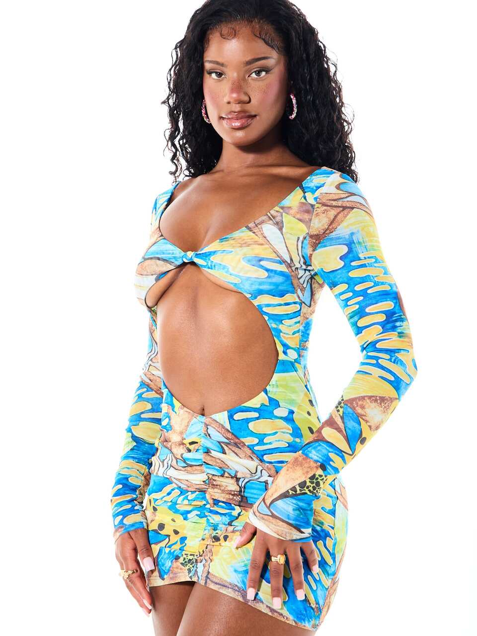 SUMWON WOMEN Abstract Butterfly Print Mesh Long Sleeve Cut-Out Ruched Mini Dress Party Club Summer Festival