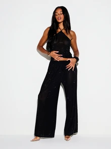 KIZN Pantalón de malla de pierna ancha con adornos de strass y cintura alta con cordón para fiestas y salidas nocturnas - Negro - Ver 3