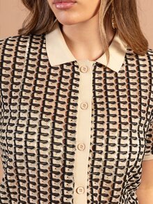 Rouah Womens Crochet Patterned Button Through Shirt And Short Set With Contrast Placket - Summer 2 Piece Set, Summer Set, Summer Top And Short Set, Vacation Set, Summer Holiday Set, Resort Set - Black - View 5