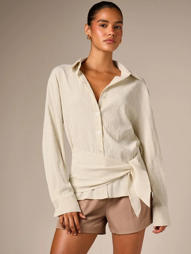 Striped Button-Front Shirt With Side Tie Detail