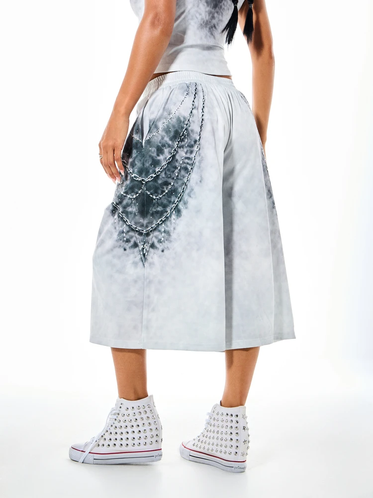 SUMWON WOMEN Wide Leg Culottes Shorts With Chain Print All Over And Elastic Waistband For Summer Casual Outings
