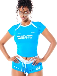 SUMWON WOMEN Sports Graphic Raglan Crop Top With Contrast Collar Number 23 Print Athletic Jersey Style - Blue - View 4