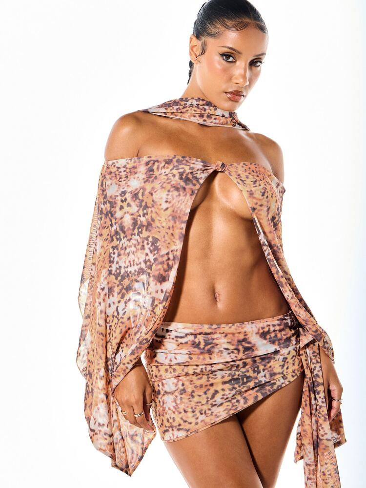 SUMWON WOMEN Leopard Print Bikini Set With Long Sleeve Wrap Top Halter Neck And Ruched Mini Skirt Summer Beach Two-Piece