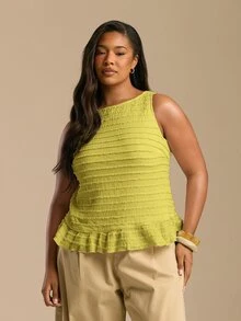 FASHION SZN 大尺碼女款荷葉邊彈性無袖荷葉邊下擺背心上衣 吊帶背心 隨興日常簡約俐落優雅時尚酷感舒適白色上衣 大尺碼曲線度假穿搭單品 - 橄欖綠 - 查看 7