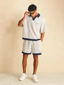 SUMWON Pinstripe Polo Co-Ord Set Short Sleeve Knit Top And Shorts Summer Vacation Matching Outfit - Beige - View 1
