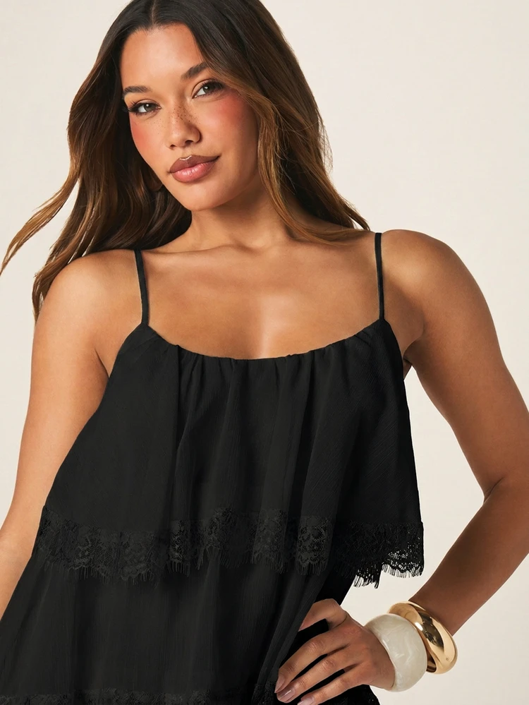 MISSGUIDED Tiered Mini Dress With Lace And Fringe Trim