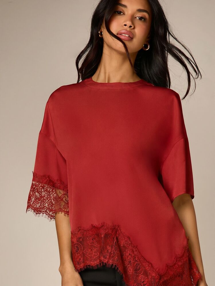Oversized Satin Top With Asymmetric Lace Hem