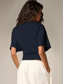 AiiRZ Ruched Cinched Crop T-Shirt With Short Flutter Sleeves And Round Neckline Casual Summer Top - Navy Blue - View 2
