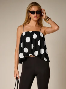 AiiRZ Top de tirantes finos con lunares, fluido, corto y holgado, con escote fruncido, camiseta de tirantes para fiesta de verano - Negro - Ver 5