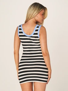 MISSGUIDED Striped Square Neck Tank Mini Dress With Contrast Blue Binding, Bodycon Fit, Summer Party Club Dress - Blue and White - View 5