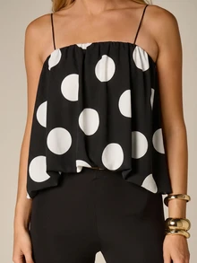 AiiRZ Top de tirantes finos con lunares, fluido, corto y holgado, con escote fruncido, camiseta de tirantes para fiesta de verano - Negro - Ver 2