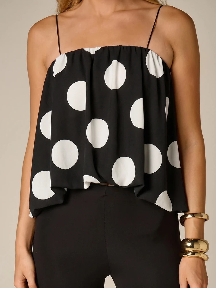 AiiRZ Polka Dot Flowy Cami Top With Spaghetti Straps Oversized Crop Ruched Neckline Summer Party Tank