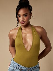 MISSGUIDED Body con cuello halter y escote profundo, diseño de espalda abierta, escote en V profundo, sin mangas, estilo ajustado y elástico para fiesta y noche - Verde militar - Ver 1