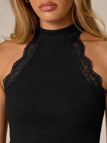 AiiRZ Lace Trim Racer Neck Ribbed Tank Top Sleeveless Halter Cami Fitted Elegant Party Summer Top - Black - View 5