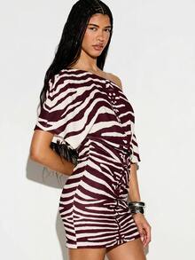 KIZN Zebra Print Off-Shoulder Mini Dress With Cinched Waist And Batwing Sleeves For Summer Nights Out - Burgundy - View 3