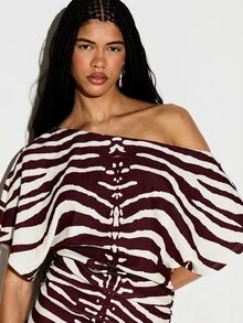 KIZN Zebra Print Off-Shoulder Mini Dress With Cinched Waist And Batwing Sleeves For Summer Nights Out - Burgundy - View 6