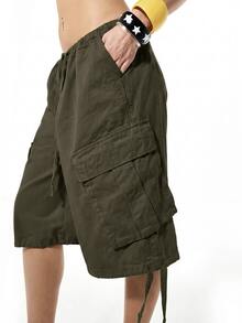 SUMWON WOMEN Washed Cargo Baggy Jorts With Elastic Waist Drawstring And Multi Flap Pockets Summer Shorts - Army Green - View 2