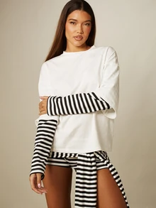 MISSGUIDED طقم منسق مخطط تي شيرت فضفاض وشورت قصير مع تفاصيل طبقات بأكمام طويلة وحافة شرائط - أبيض وأسود - مشاهدة 4