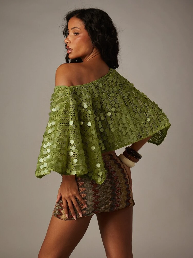 MISSGUIDED Sequin Poncho Top Off-Shoulder Lace Knit Crop Overlay Boho Festival Party Summer Sheer Cape