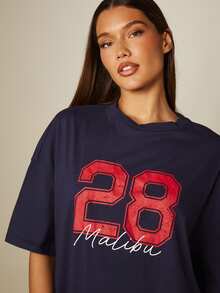 MISSGUIDED Oversized Vintage Graphic Tee With Number 28 Print Crew Neck Short Sleeve Drop Shoulder T-Shirt - Navy Blue - View 4
