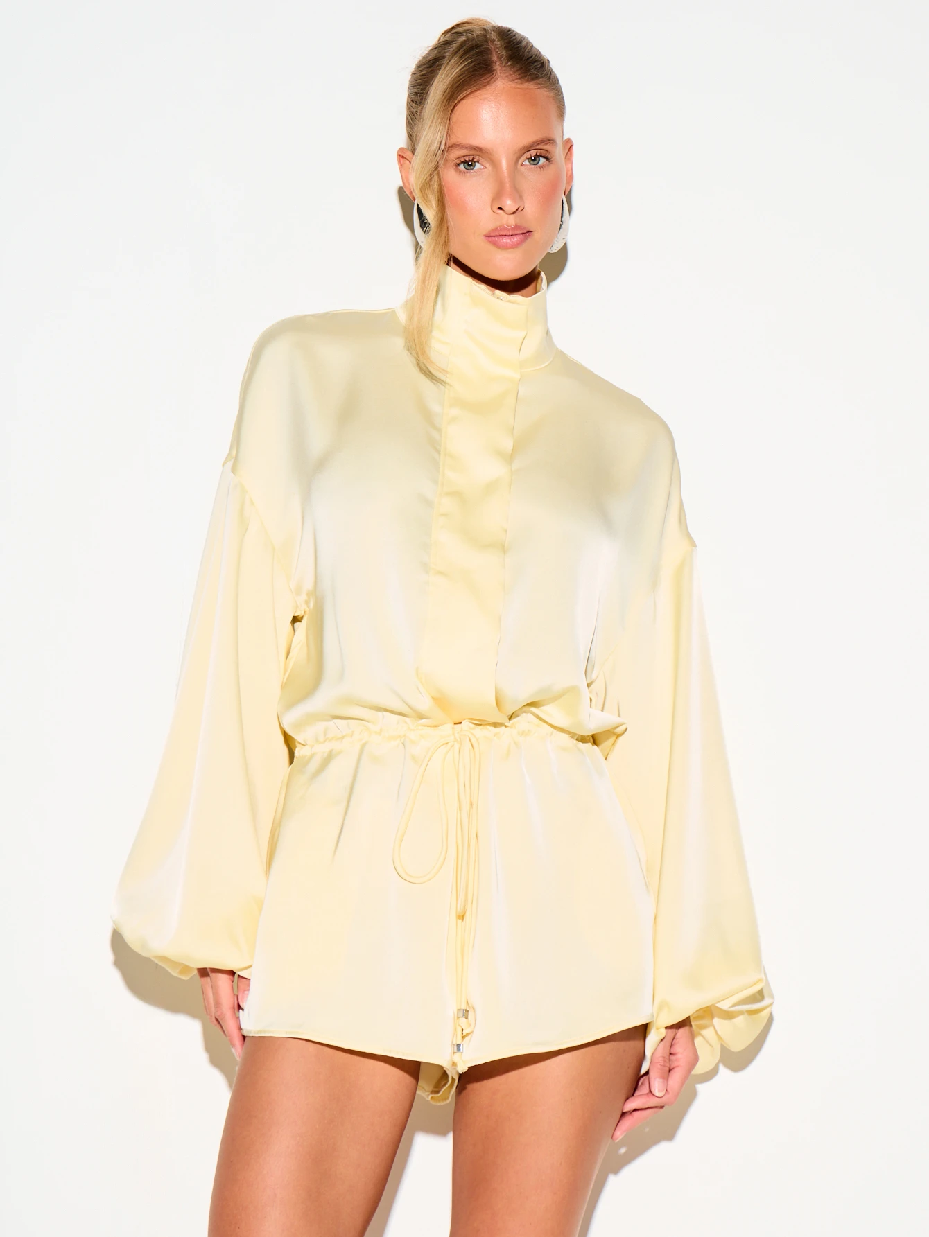 Satin Funnel Neck Romper With Balloon Sleeves