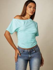 MISSGUIDED Off-Shoulder Cinched Crop Top With Short Sleeves Ruched Sides Summer Casual Streetwear - Mint Blue - View 1