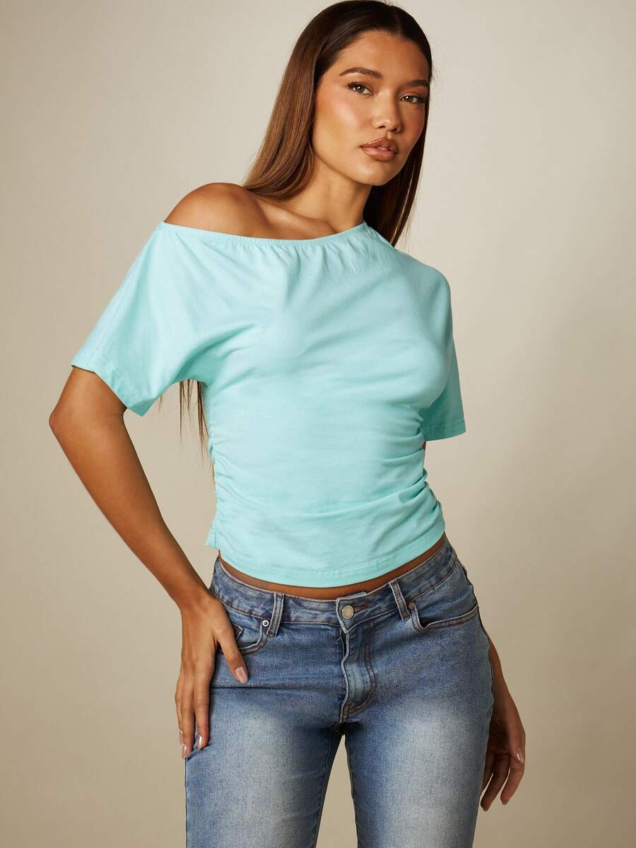 MISSGUIDED Off-Shoulder Cinched Crop Top With Short Sleeves Ruched Sides Summer Casual Streetwear - Mint Blue - View 1