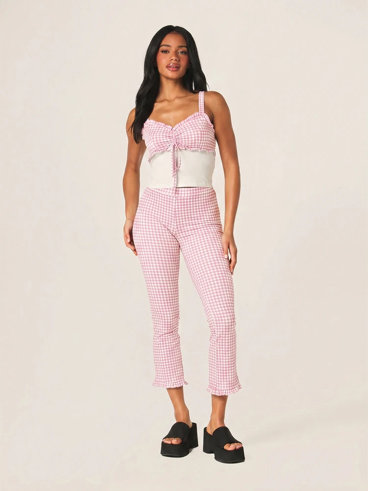 MISSGUIDED Gingham-Muster Caprihose mit Rüschensaum, hoher Taille, Stretch, Sommer-Crop-Hose
