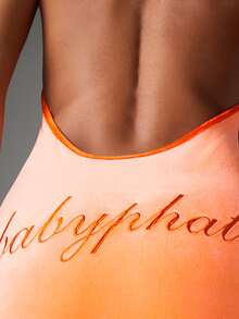 BABYPHAT Velvet Halter Neck Backless Bodycon Mini Dress With Logo Embroidery Party Summer Festival - Orange - View 5