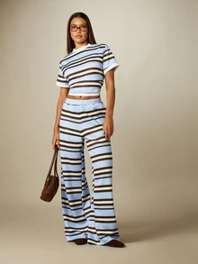 MISSGUIDED Pantalón Palazzo Casual de Pierna Ancha a Rayas con Cintura Elástica de Tiro Alto sin Botones para Verano y Primavera - Multicolor - Ver 4
