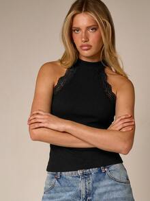 AiiRZ Lace Trim Racer Neck Ribbed Tank Top Sleeveless Halter Cami Fitted Elegant Party Summer Top - Black - View 4