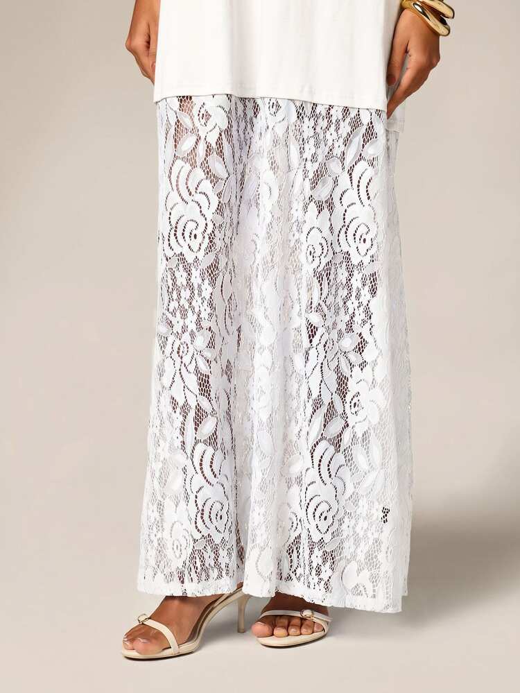 AiiRZ Lace Panelled Maxi Tee Dress With Floral Lace Skirt Overlay, Summer Elegance, Party And Vacation Ready