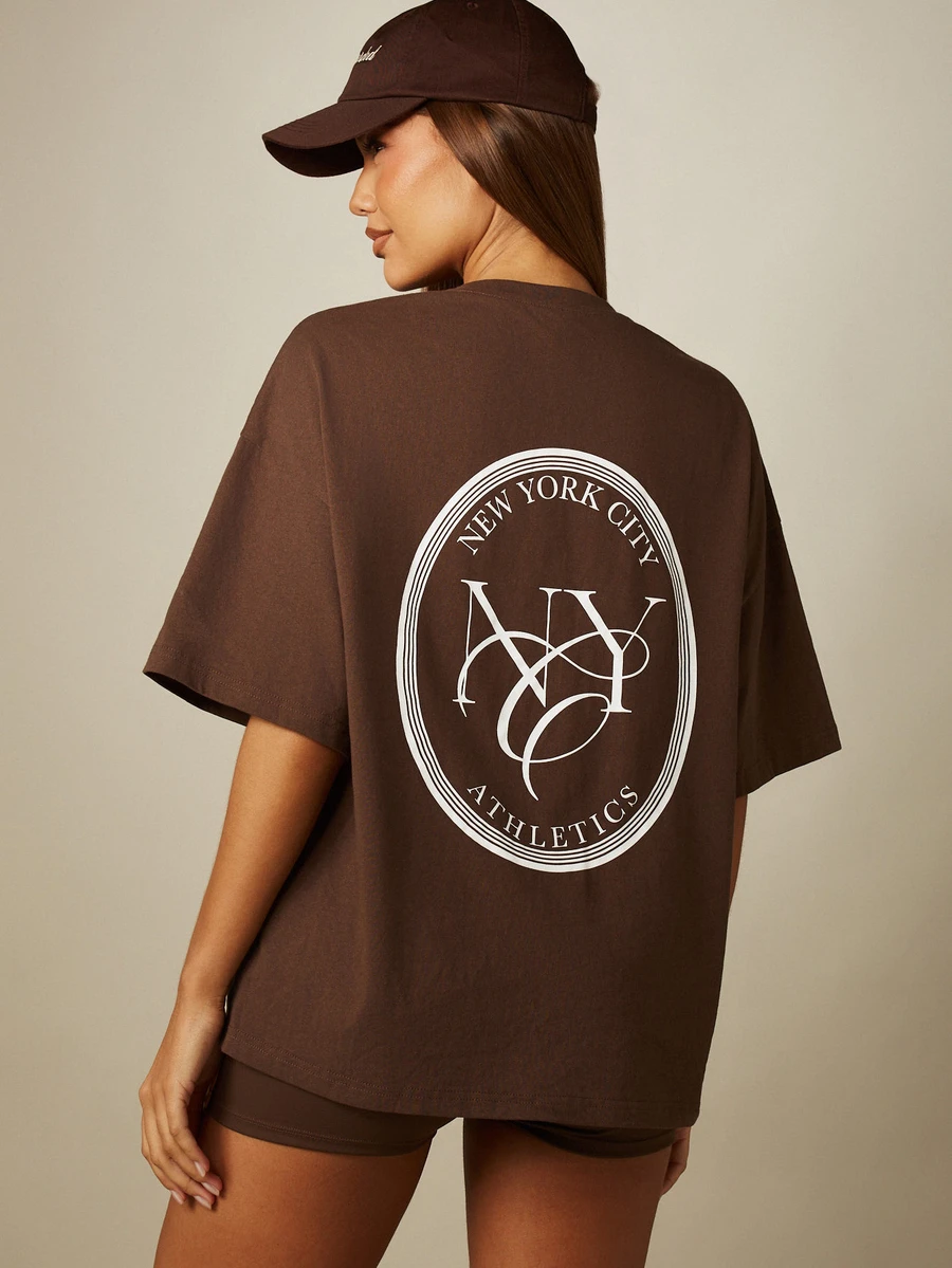 MISSGUIDED 寬鬆版 NYC 紐約市運動圖案印花圓領短袖 T 恤休閒日常上衣 - 咖啡棕 - 查看 1