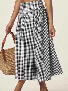 MISSGUIDED Gingham Plaid Midi Skirt High Waist A-Line Flared Gathered Summer Casual Picnic Swing Skirt - Black - View 6