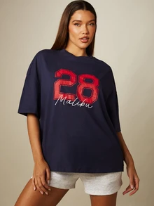 MISSGUIDED Oversized Vintage Graphic Tee With Number 28 Print Crew Neck Short Sleeve Drop Shoulder T-Shirt - Navy Blue - View 5
